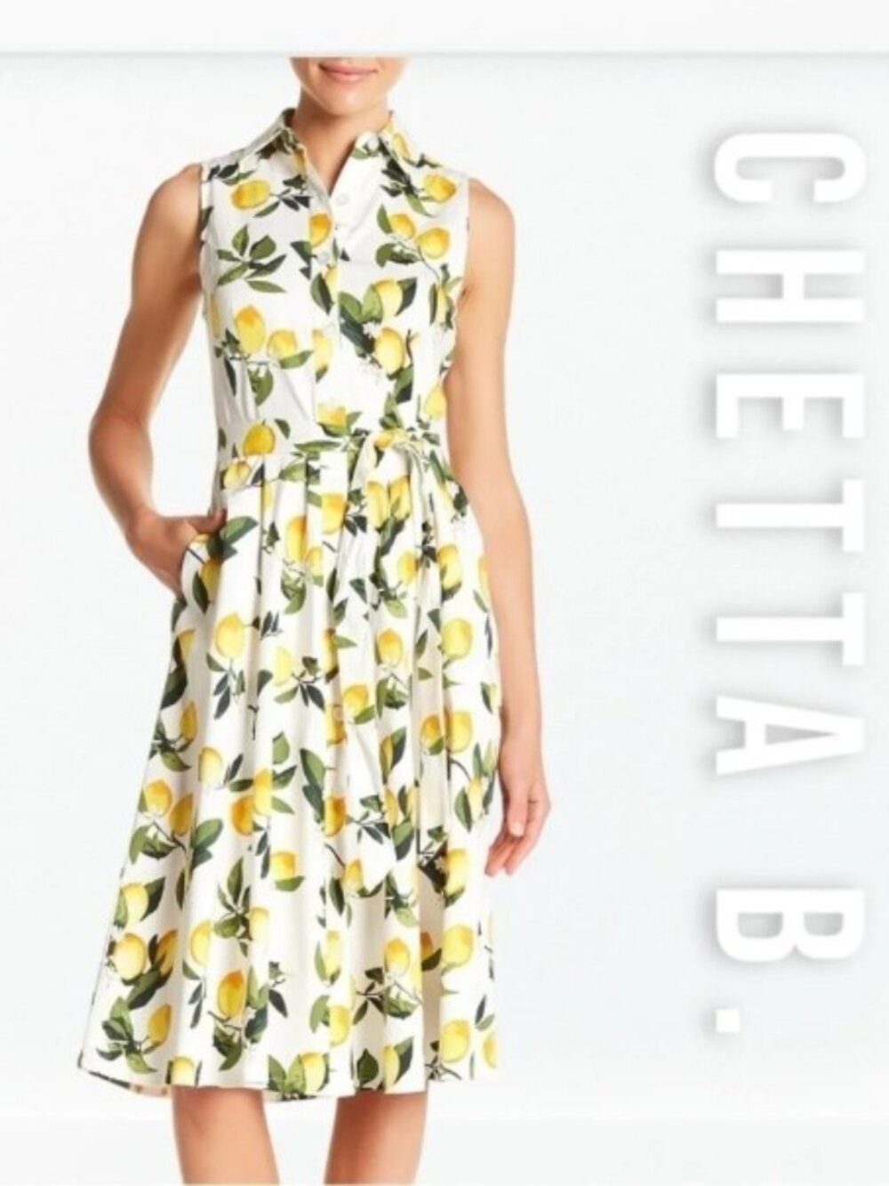 Chetta B Women’s Sleeveless Lemon Print Shirt Cotton Dress Fit & Flare Midi  12